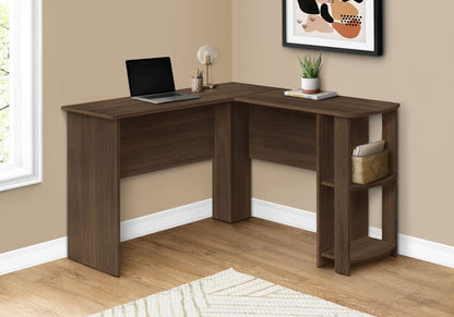 Escritorio para computadora, oficina en casa, esquinero, con estantes, en forma de L, para portátil, contemporáneo y moderno - Nogal