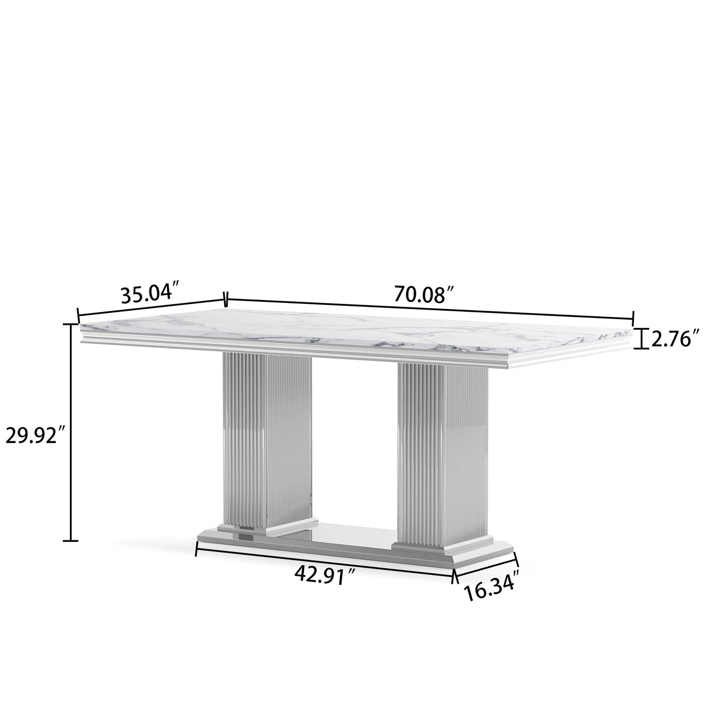 Marble Printed Top Rectangular Dining Table, Stainless Steel Base With Mirrored Finish