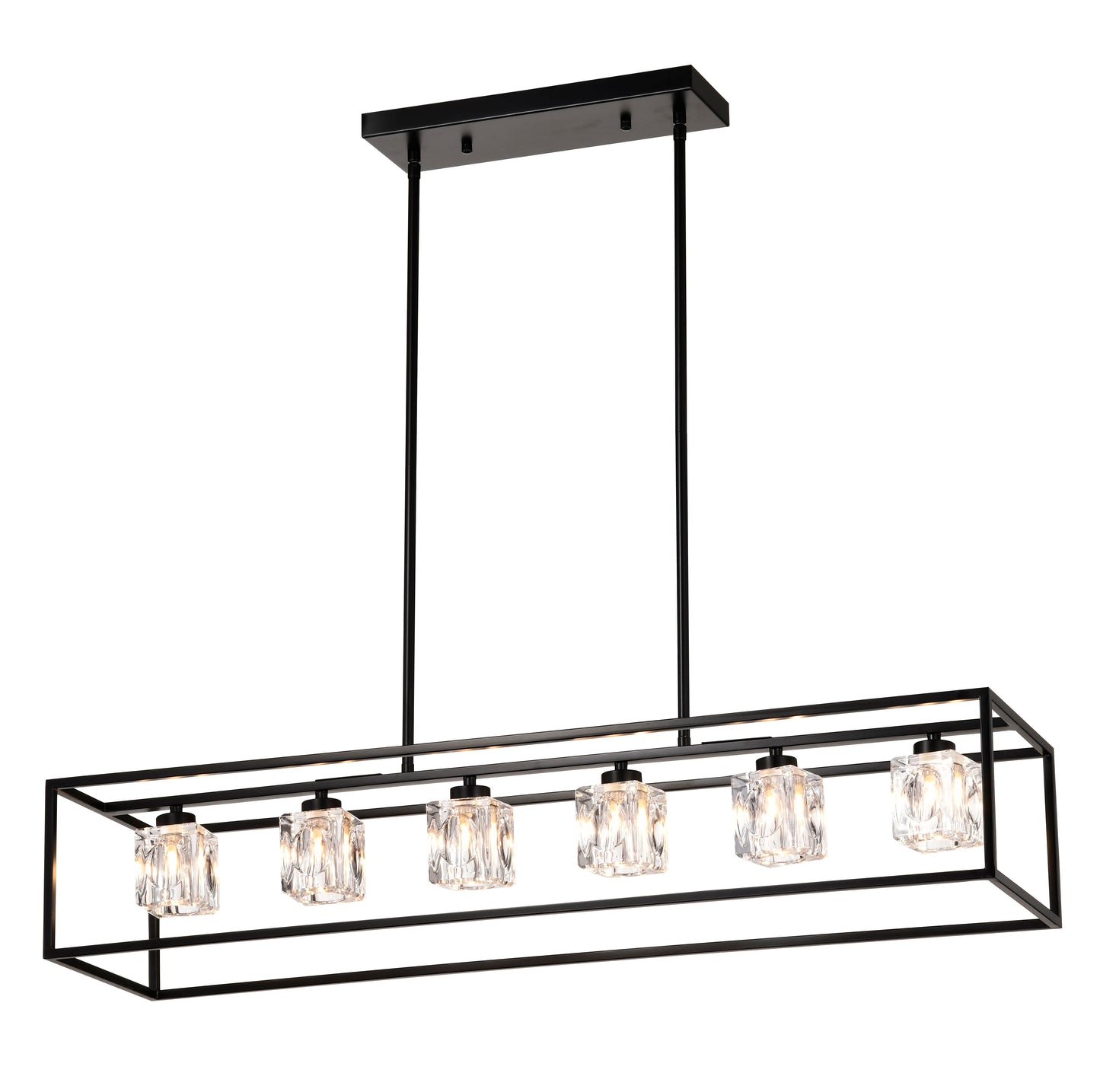 Lámpara colgante de estilo rústico de 6 luces, moderna lámpara colgante industrial lineal rectangular de cristal con forma de jaula para comedor, isla de cocina, bar, mesa larga, incluye 6 bombillas G9 - Negro mate
