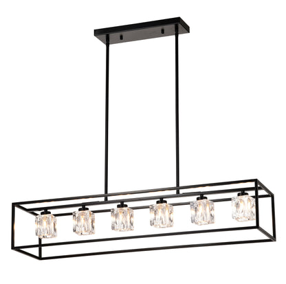 Lámpara colgante de estilo rústico de 6 luces, moderna lámpara colgante industrial lineal rectangular de cristal con forma de jaula para comedor, isla de cocina, bar, mesa larga, incluye 6 bombillas G9 - Negro mate