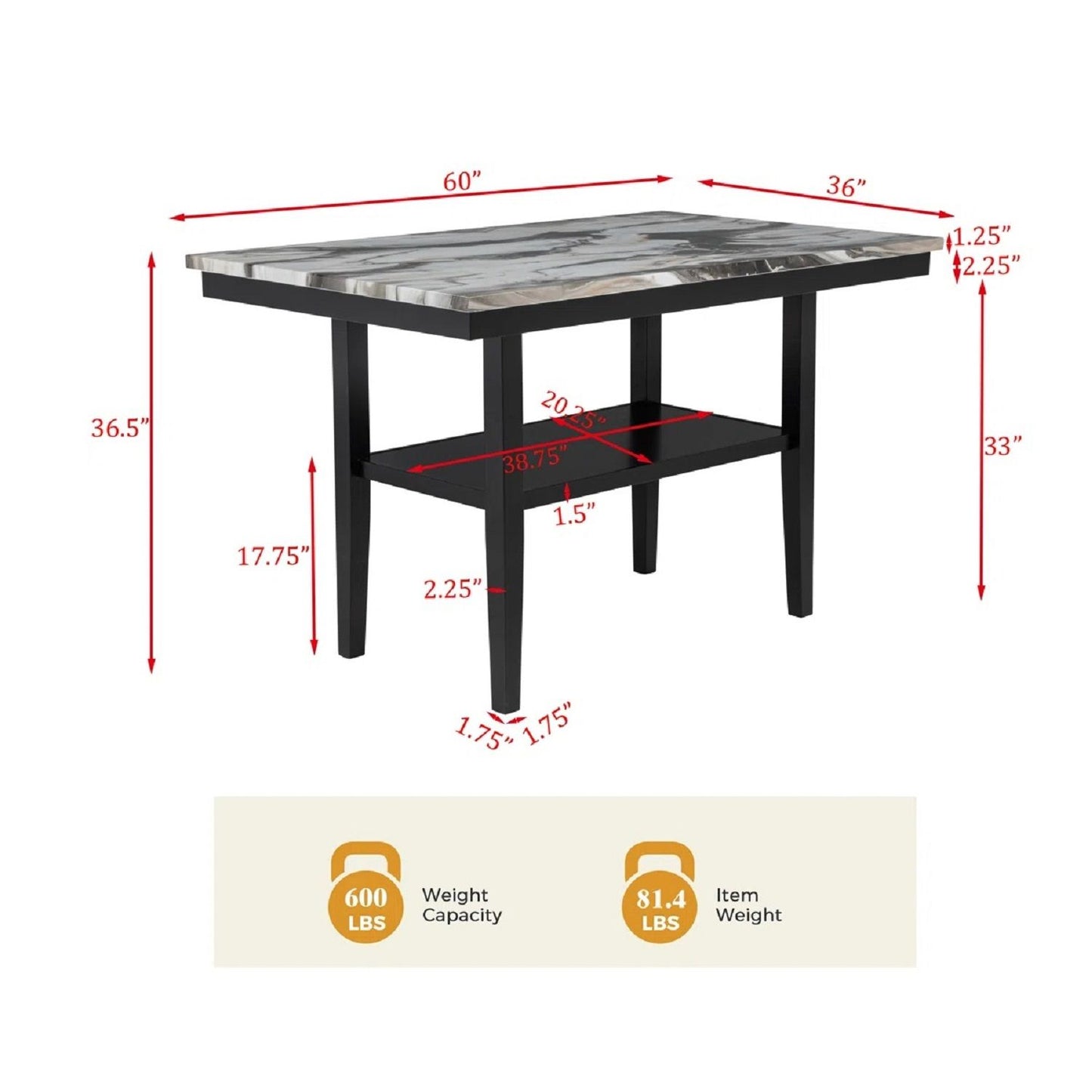 5 Piece Counter Dining Set With Table, Chairs - Black / Brown