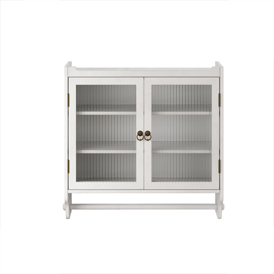 Vintage Double Door Wall Cabinet With Three Tiers Storage And Towel Rack - White Washed
