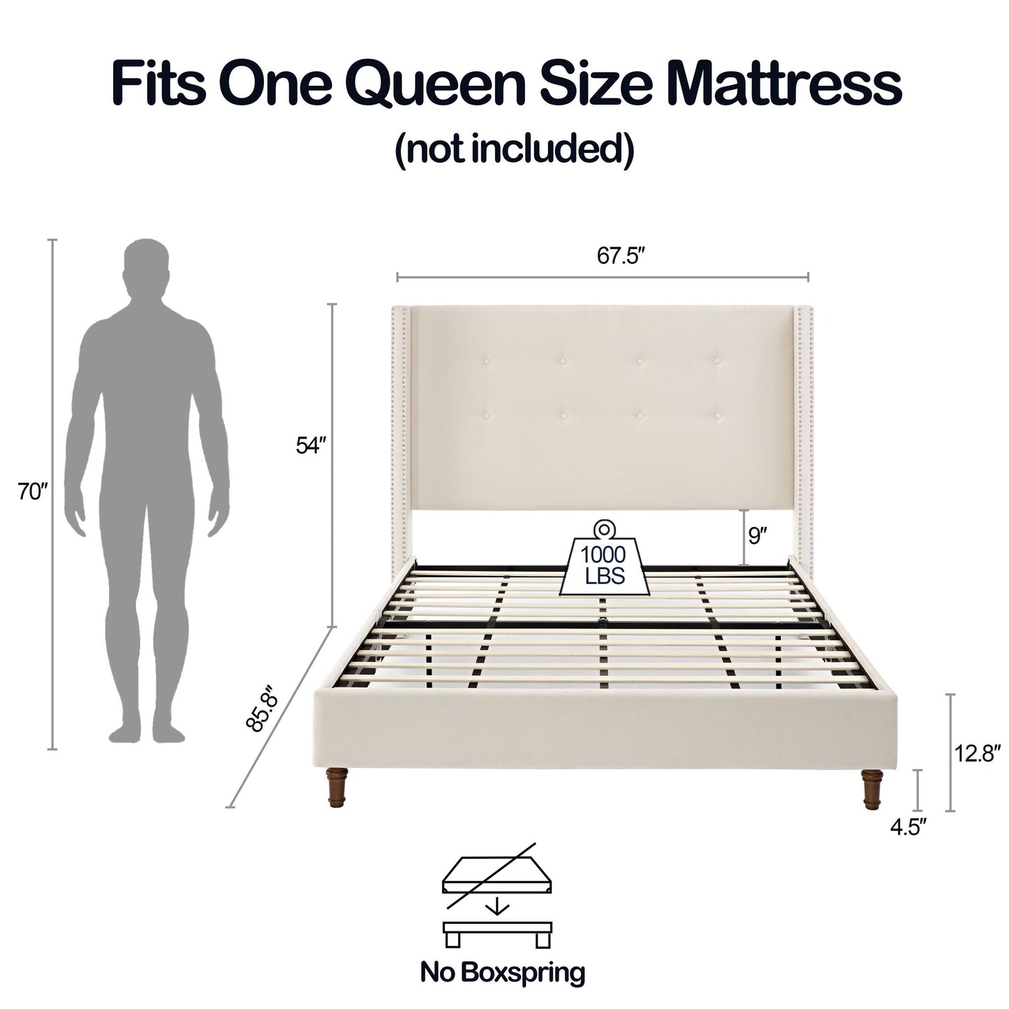 Peyton - Cama tapizada con cabecera de 137 cm de alto y capitoné tradicional abotonado a mano