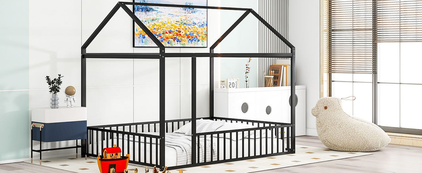 Cama de metal con estructura de cama y valla