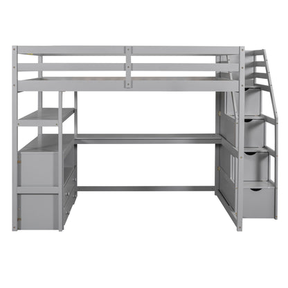 Loft Bed With Desk, Shelves, 2 Drawers, Storage Staircase