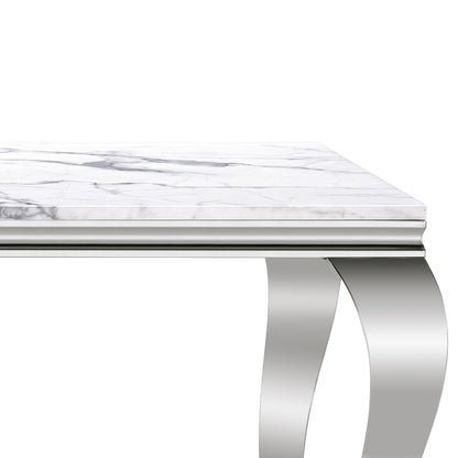 Marble Printed Rectangular Dining Table, Frame And Stainless Steel Legs - Silver / White