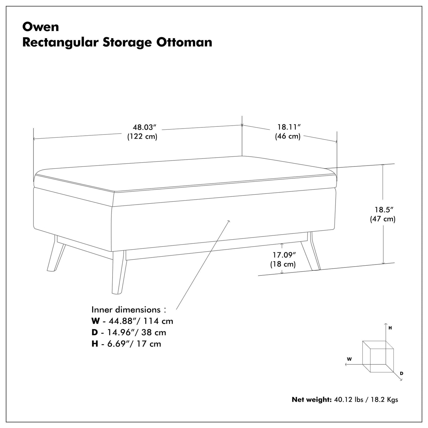 Owen - Otomana rectangular con espacio de almacenamiento - Negro medianoche