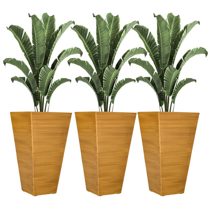 Outsunny - Macetas de exterior (juego de 3) Macetas cónicas grandes con orificios de drenaje y tapón, macetas de plástico imitación madera para exterior, interior, jardín y patio.