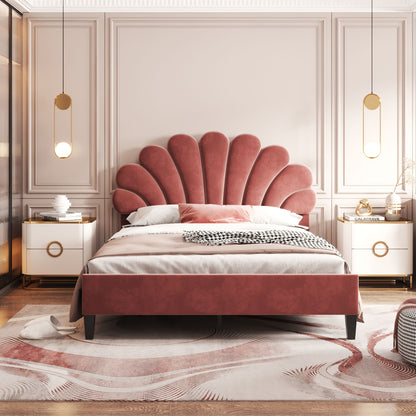 Cama de plataforma tapizada con cabecero de terciopelo con estampado floral