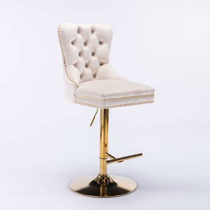 Taburetes de bar giratorios de terciopelo dorado grueso con altura de asiento ajustable de 63 a 84 cm. Taburetes de bar modernos tapizados con respaldo, cómodos y capitoné para el hogar, el pub y la isla de cocina (juego de 2).