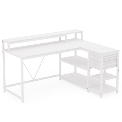 L-Shaped Home Office Desk With Monitor Riser, Drawers, And Storage Shelves