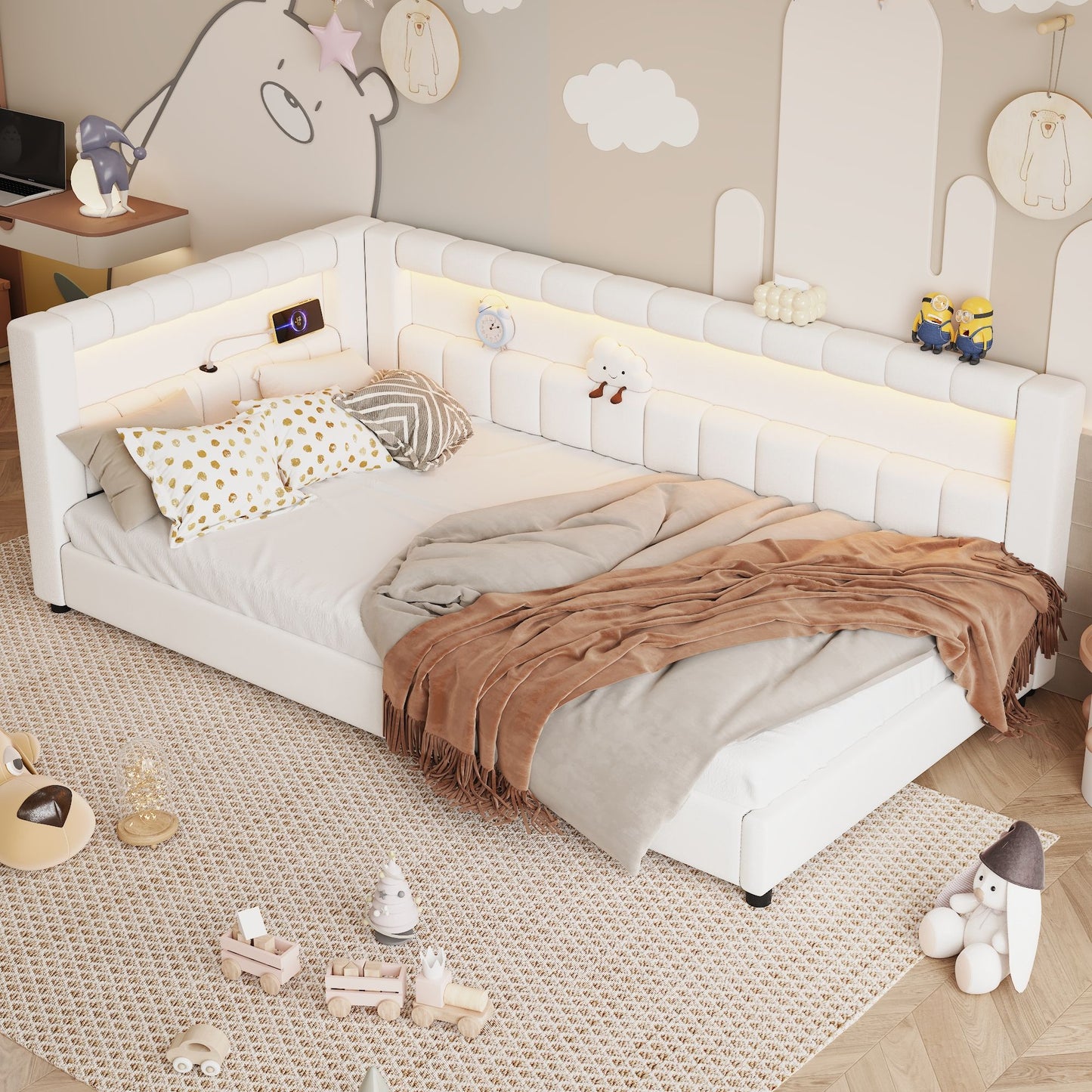 Upholstered Platform Bed With LED Belt And USB Ports