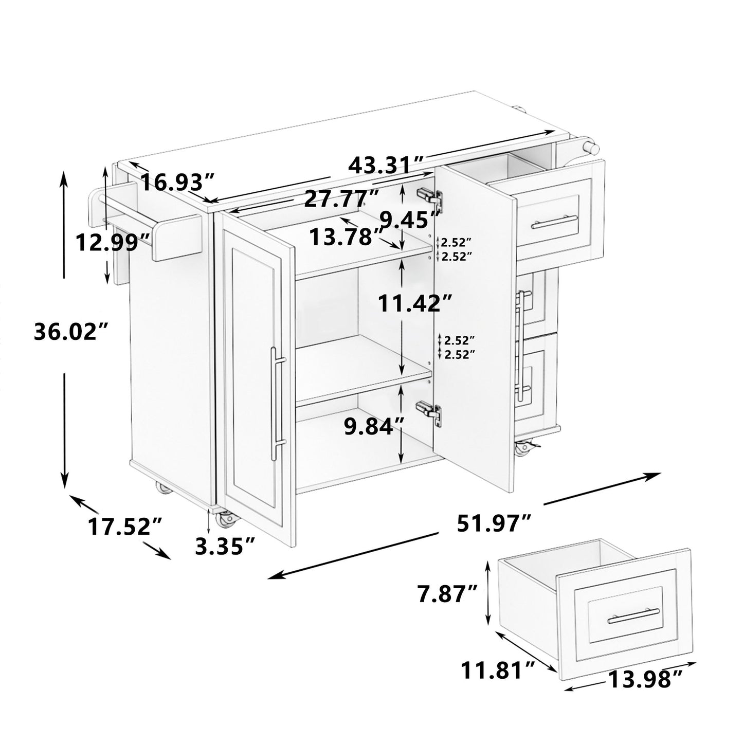 Kitchen Island Cart With 2 Door Cabinet, 3 Drawers, Spice Rack & Towel Rack - White