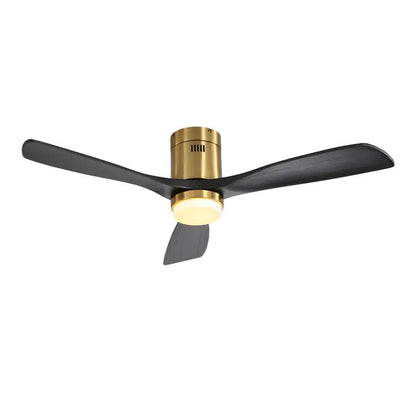 Ventilador de techo empotrado con 3 aspas de madera maciza, control remoto, motor de CC reversible para sala de estar - Dorado