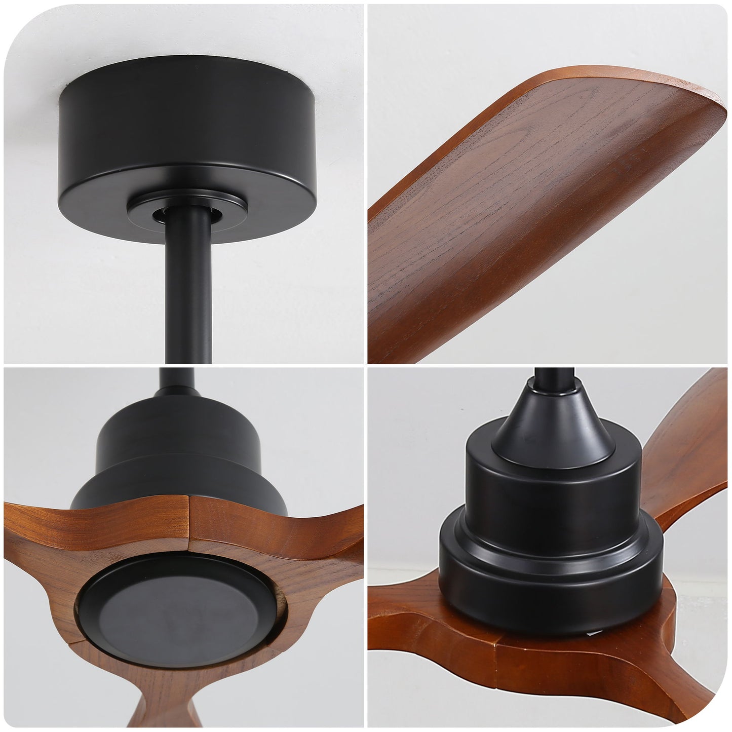 Ventilador de techo de 122 cm sin luz, 3 aspas de madera maciza, para exterior, con motor de CC reversible de 6 velocidades, para sala de estar, color negro