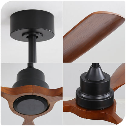 Ventilador de techo de 122 cm sin luz, 3 aspas de madera maciza, para exterior, con motor de CC reversible de 6 velocidades, para sala de estar, color negro