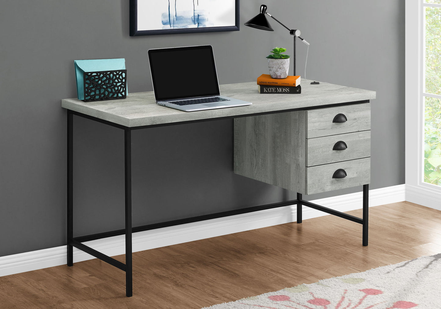Escritorio de computadora para oficina en casa, portátil, 3 cajones de almacenamiento, contemporáneo y moderno
