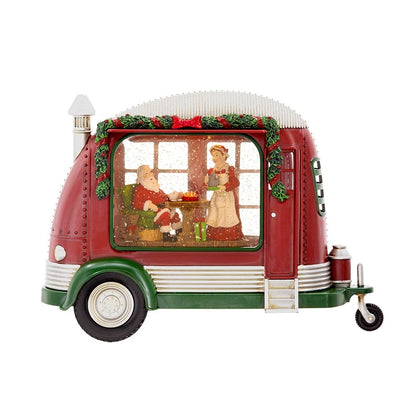 Camper navideño de plástico/resina con luces LED para la hora del té de Papá Noel, giro de agua, interruptor de 2 vías, requiere 3 pilas AA - Rojo
