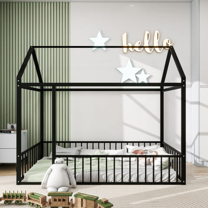 Cama de metal con estructura de cama y valla