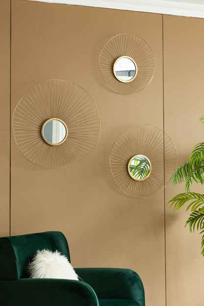 Espejo de pared con diseño abstracto y marco para el hogar y la oficina, parte superior del aparador (juego de 3) - Dorado
