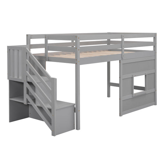 Loft Bed With Storage Staircase, Window & LED Light