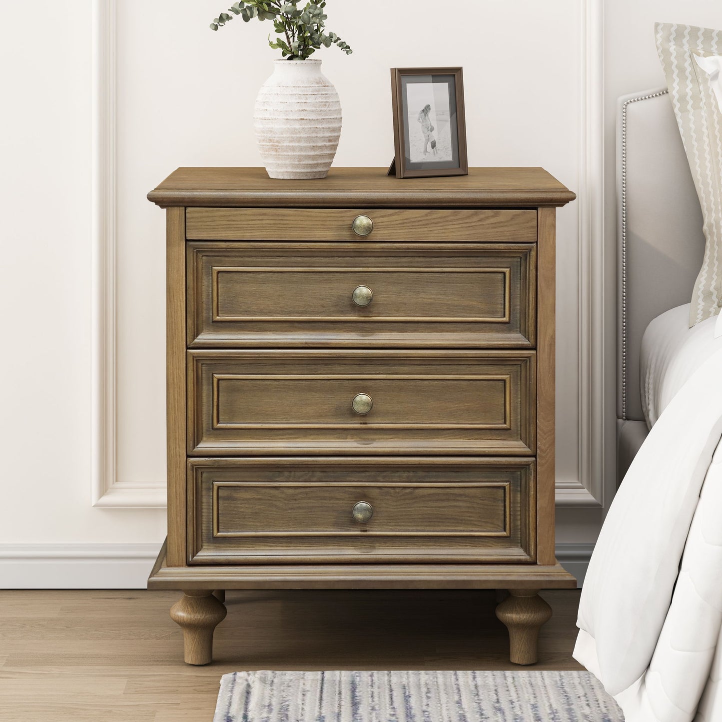 Nightstand With 4 Drawers With Hidden Pull Out Shelf - Light Brown