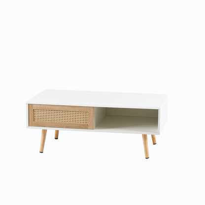 Mesa de centro de ratán de 105 cm, puerta corrediza para almacenaje, patas de madera maciza, mesa moderna para sala de estar.