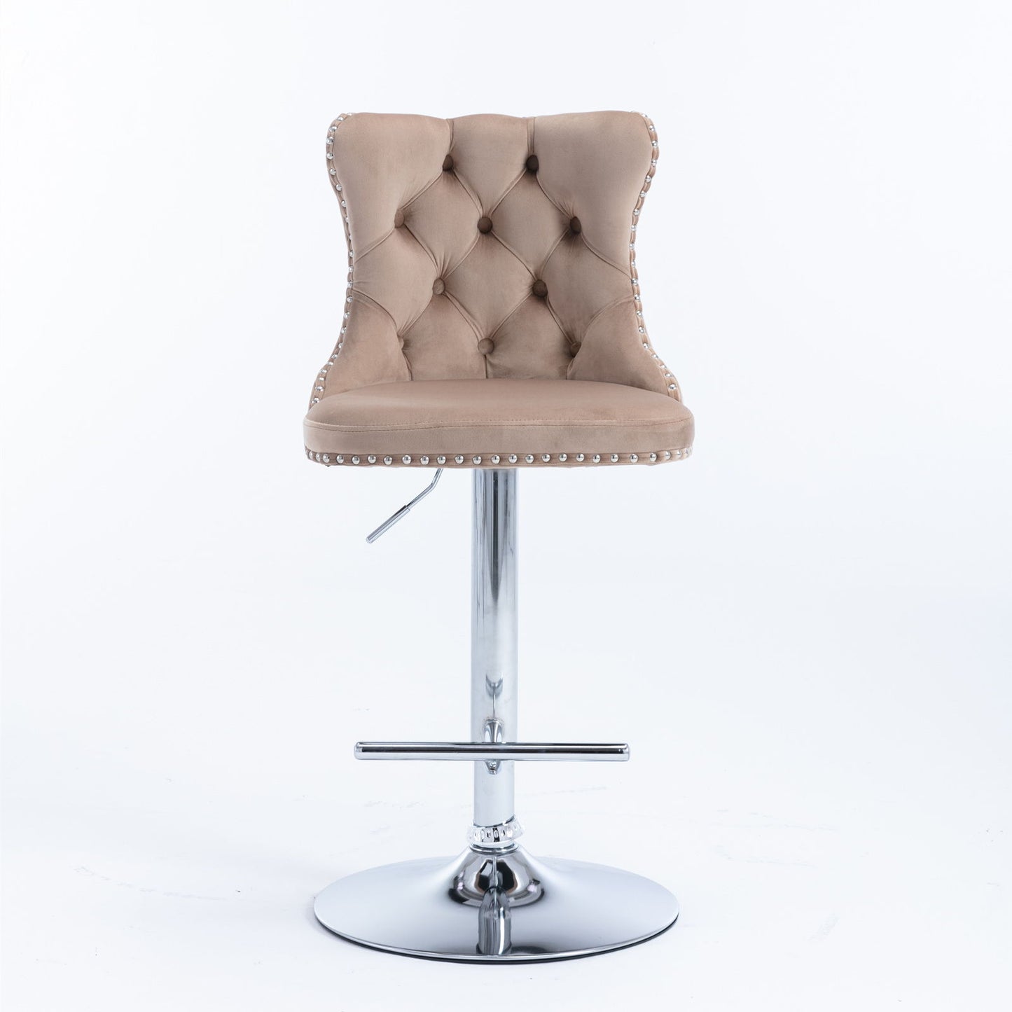 Taburetes giratorios de terciopelo con altura de asiento ajustable de 63 a 84 cm. Modernos taburetes de bar con base cromada y tapizados, cómodos y capitoné para el hogar, el pub y la isla de cocina (juego de 2).