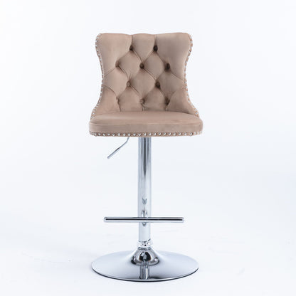 Taburetes giratorios de terciopelo con altura de asiento ajustable de 63 a 84 cm. Modernos taburetes de bar con base cromada y tapizados, cómodos y capitoné para el hogar, el pub y la isla de cocina (juego de 2).