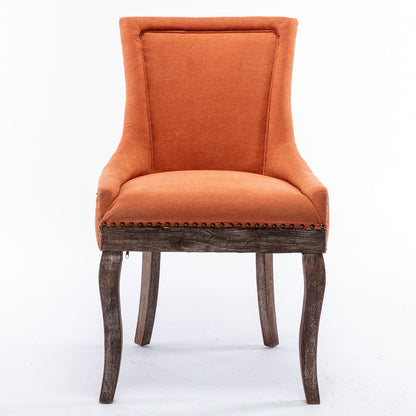 Silla de comedor Ultra Side, de tela gruesa, con patas de madera maciza en tonos neutros y tachuelas de bronce (juego de 2)