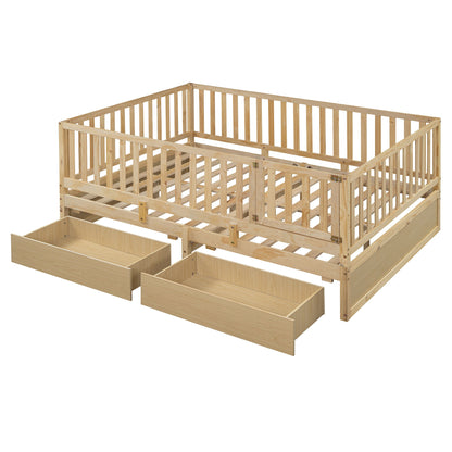 Daybed With Fence Guardrails And 2 Drawers, Split Into Independent Floor Bed & Daybed
