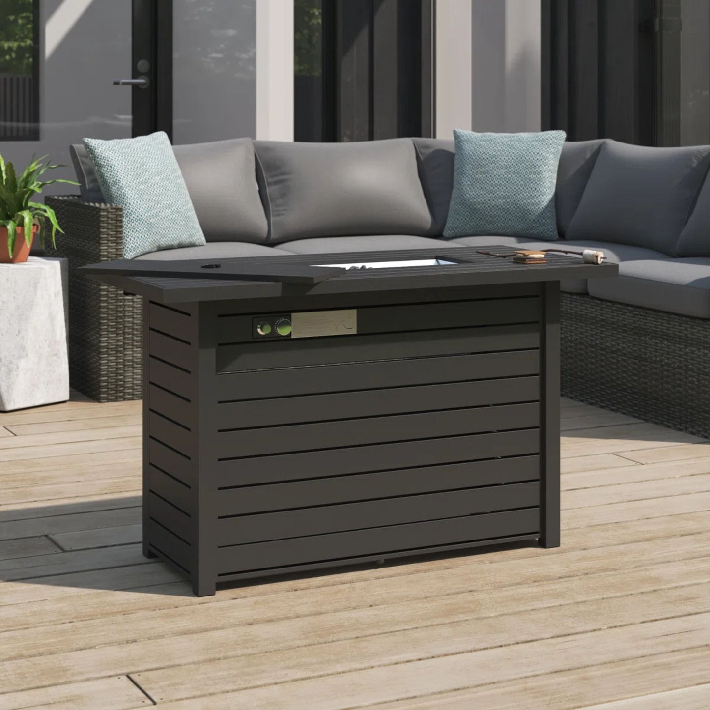 Mesa para fogata de exterior con tapa, construcción duradera, color negro