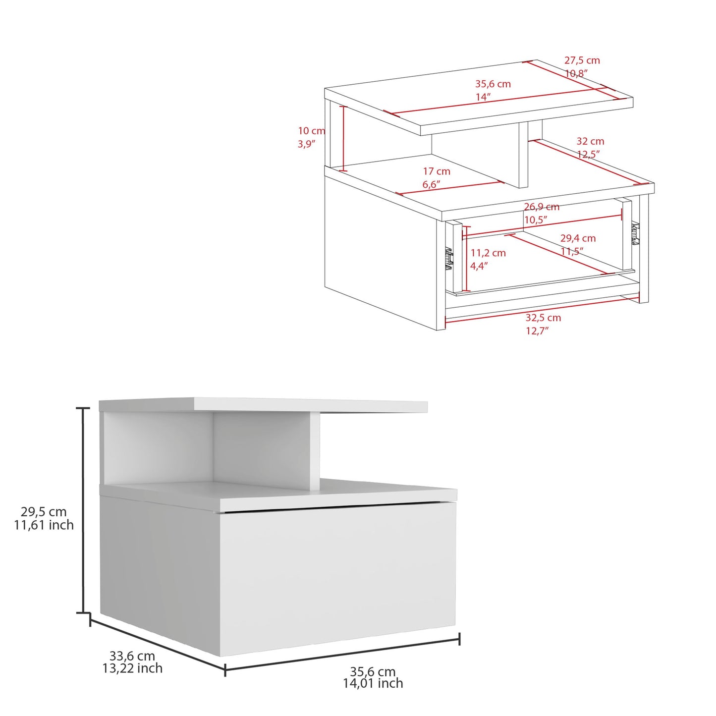 Flopini - Floating Nightstand With 1 Drawer, Compact Size - White