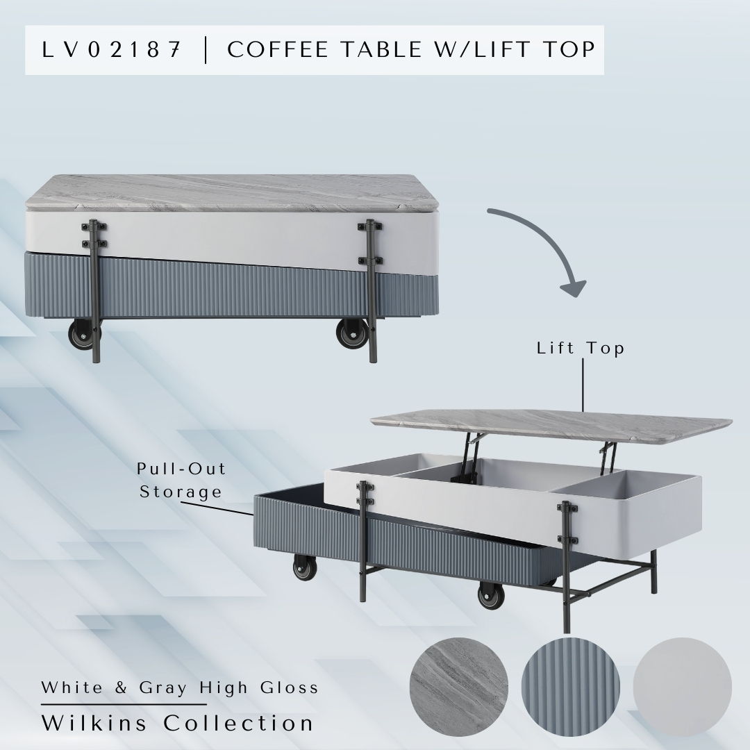Wilkins - Mesa de centro de alto brillo con tapa elevable - Gris/Blanco