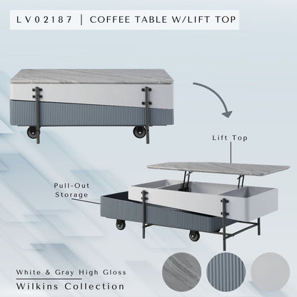 Wilkins - Mesa de centro de alto brillo con tapa elevable - Gris/Blanco