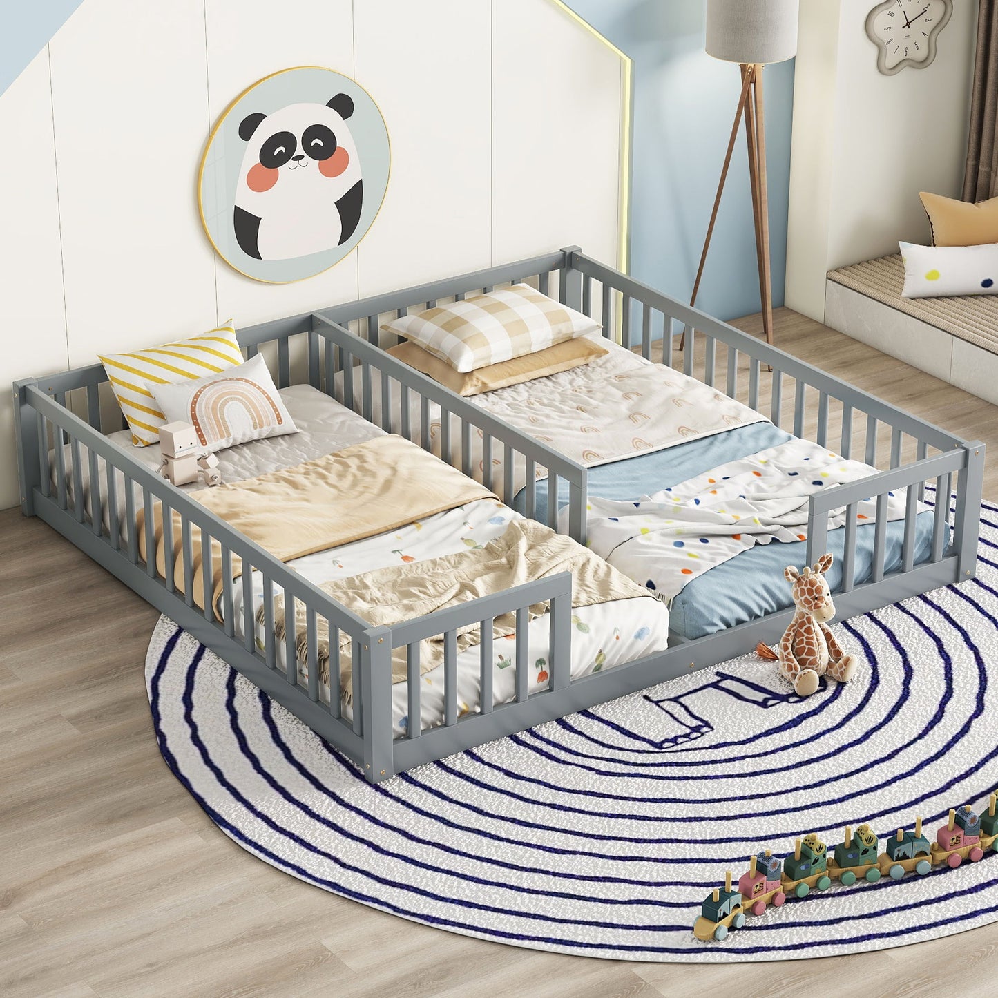 Cama doble de piso con valla, barandillas y sin puerta