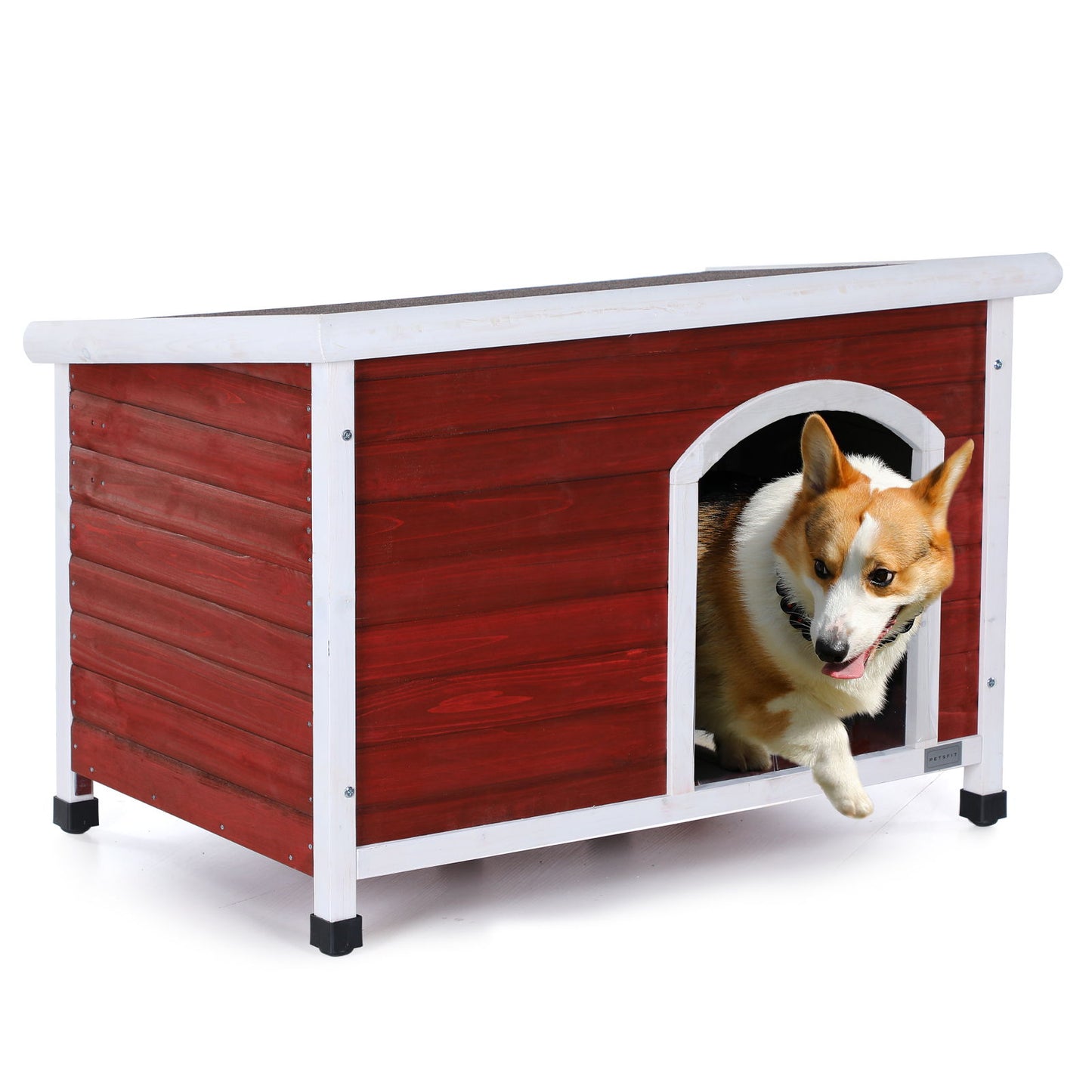Caseta para perro de madera mediana para exterior, techo impermeable, suelo elevado y patas de plástico ajustables.