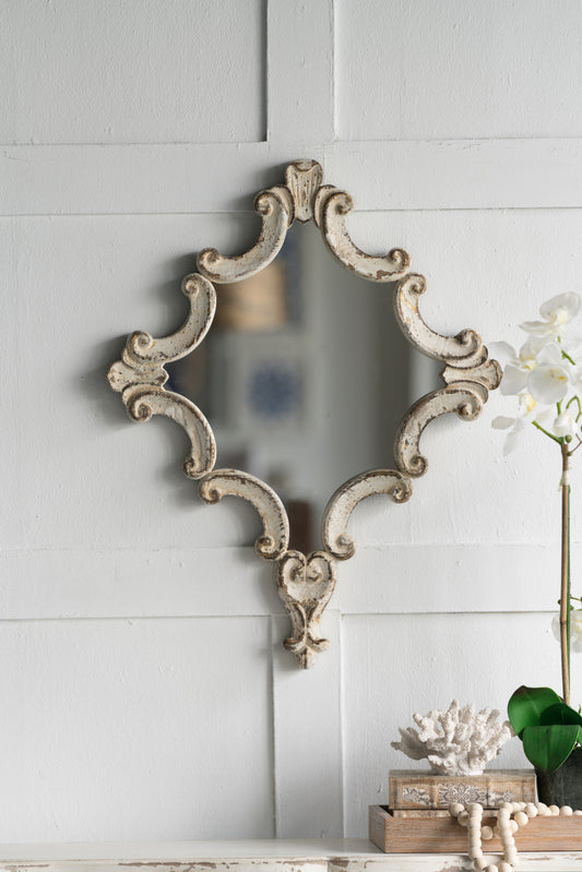 Espejo artístico con volutas de diamantes, ideal para sala de estar, entrada, dormitorio y oficina - Blanco antiguo