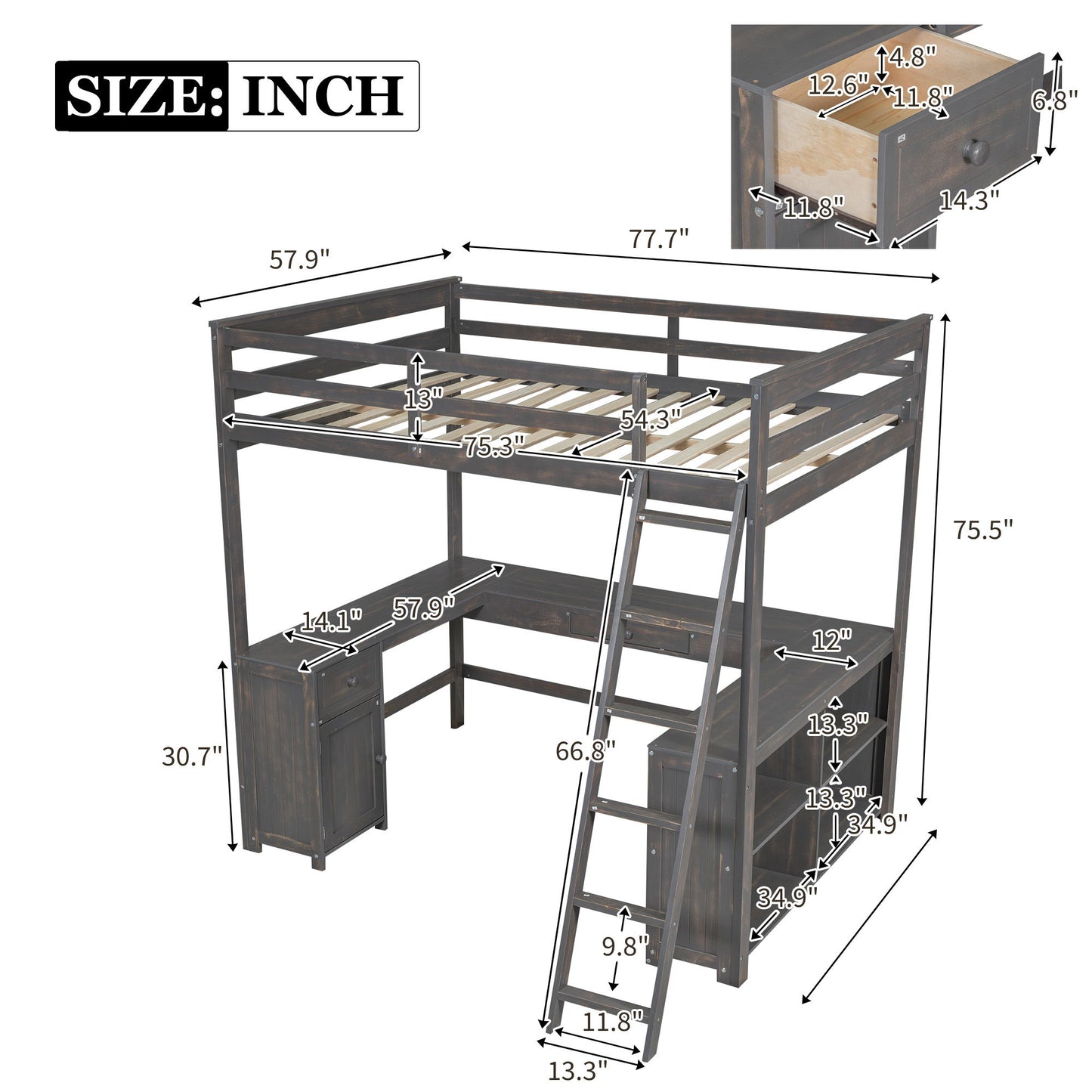 Loft Bed With U Shaped Desk, Drawers, And Storage Shelves