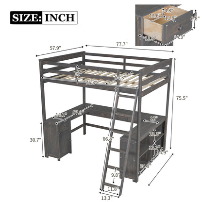 Loft Bed With U Shaped Desk, Drawers, And Storage Shelves