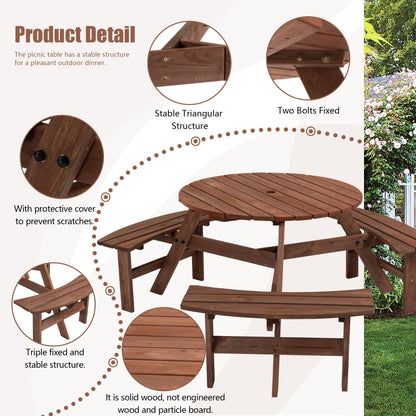 Mesa de picnic circular de madera para exteriores, para 6 personas, ideal para patio, jardín o terraza, con 3 bancos integrados, capacidad de 800 kg.