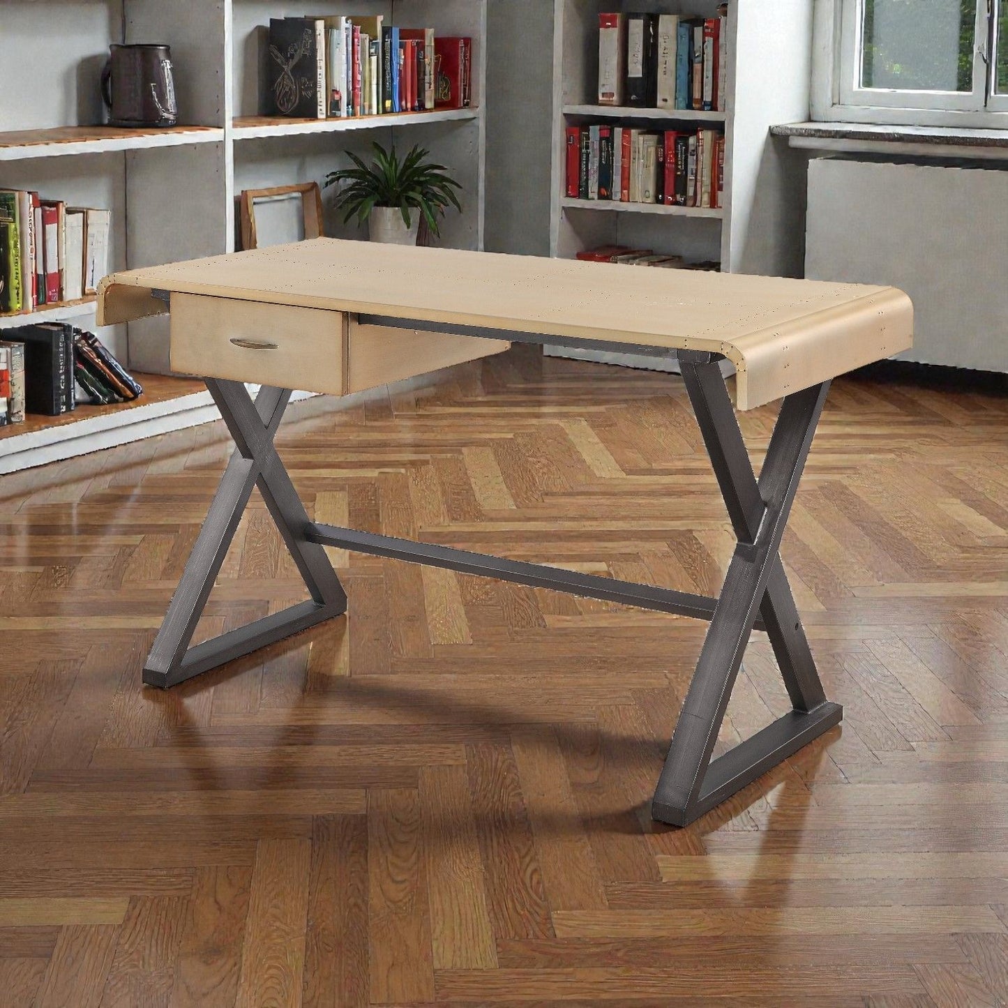 Danton - Escritorio rectangular de aluminio y cuero flor de primera calidad - Dorado