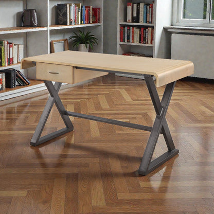 Danton - Escritorio rectangular de aluminio y cuero flor de primera calidad - Dorado
