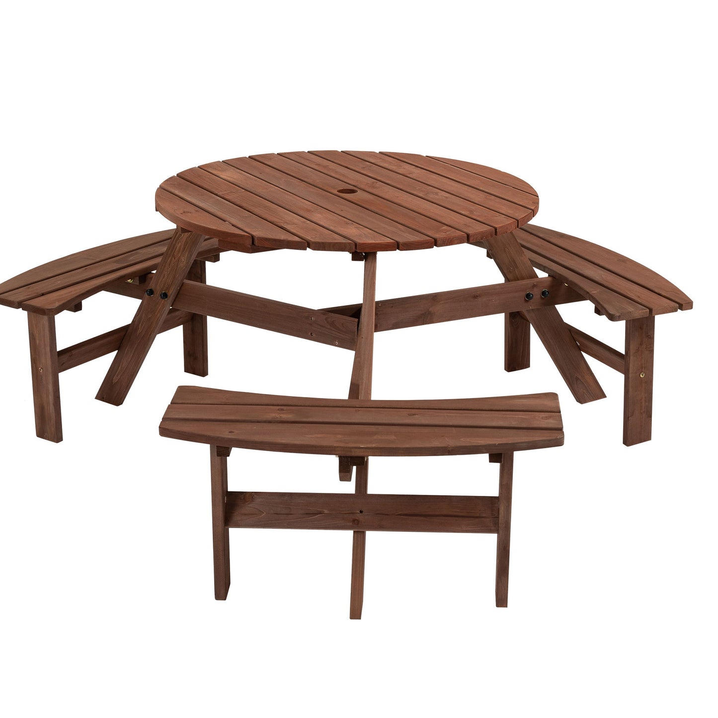 Mesa de picnic circular de madera para exteriores, para 6 personas, ideal para patio, jardín o terraza, con 3 bancos integrados, capacidad de 800 kg.