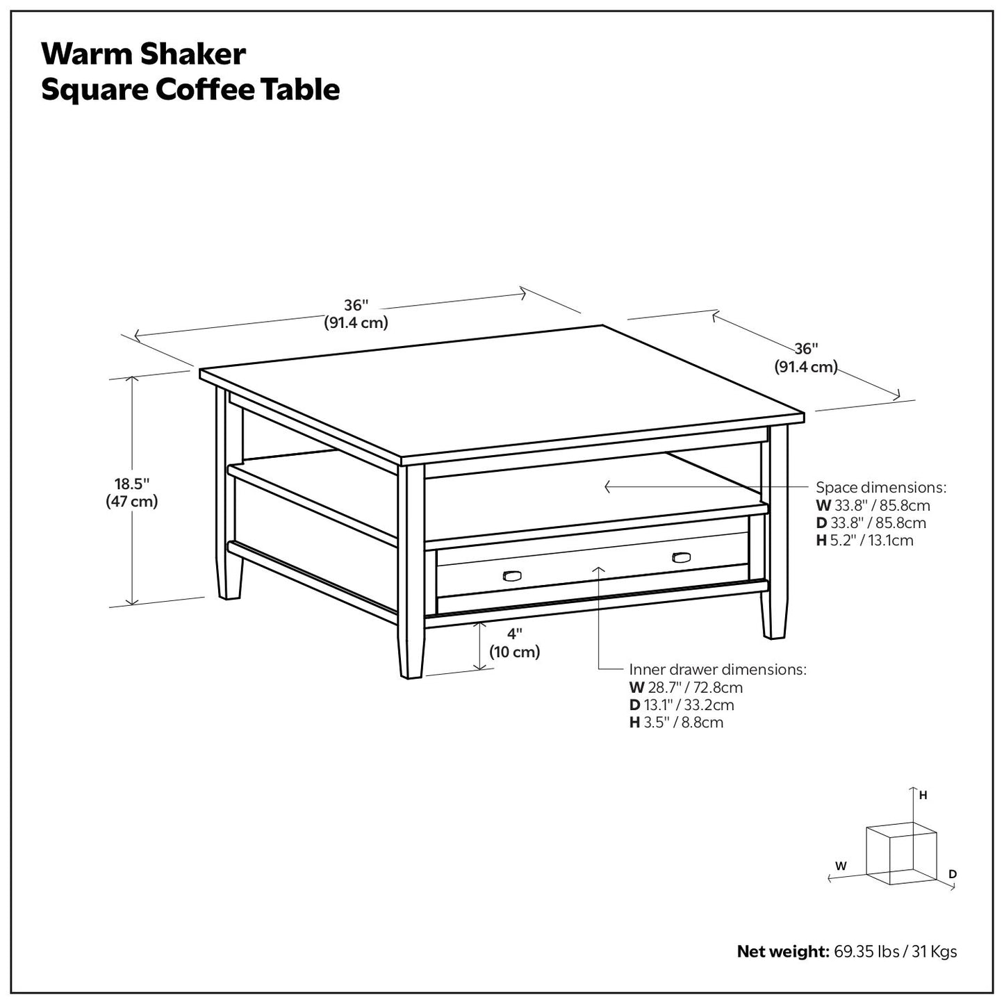 Warm Shaker - Mesa de centro cuadrada - Marrón tabaco