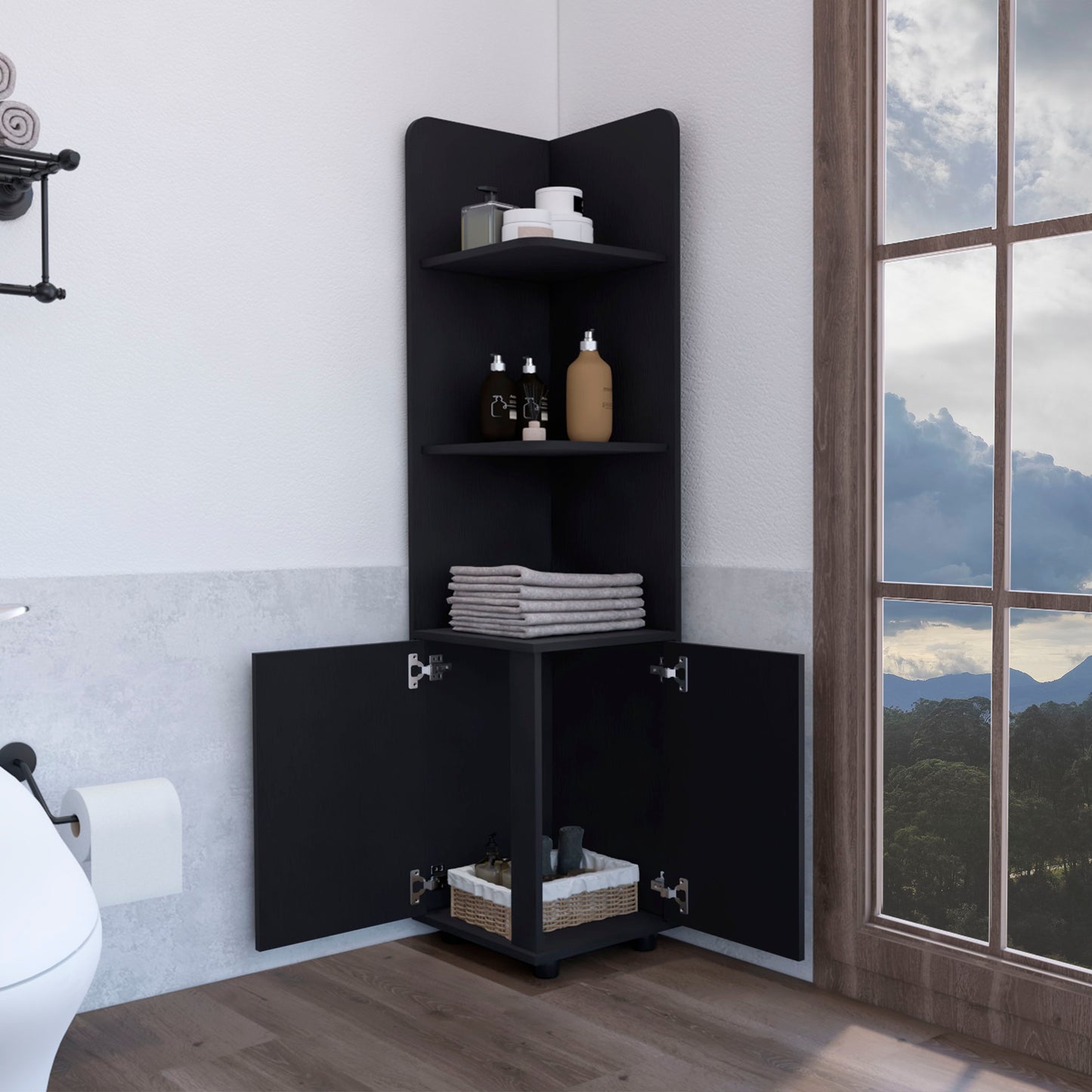 Armario esquinero alto con estante de 3 niveles y 2 puertas - Negro