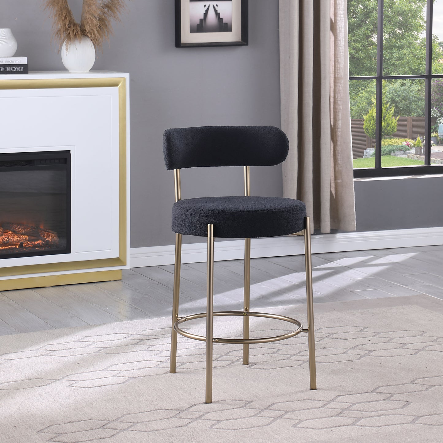 Taburetes altos de barra Sherpa modernos, con asiento tapizado y patas de latón cepillado, taburetes de cocina redondos de respaldo bajo con reposapiés para comedor (juego de 2)
