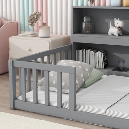 Cama de suelo con estantería, estantes y barandillas
