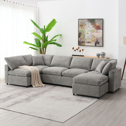 Modern Modular Cloud Sofa Bed, 6 Seat Sectional Couch Set With Ottoman, Free Combination, Convertible U Shaped Sleeper Sofa For Living Room