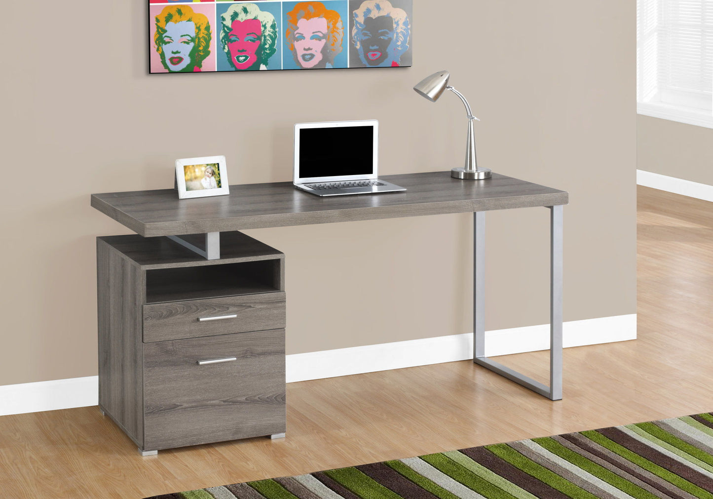 Escritorio para computadora de oficina en casa, portátil, configuración izquierda-derecha, cajones de almacenamiento, contemporáneo y moderno.